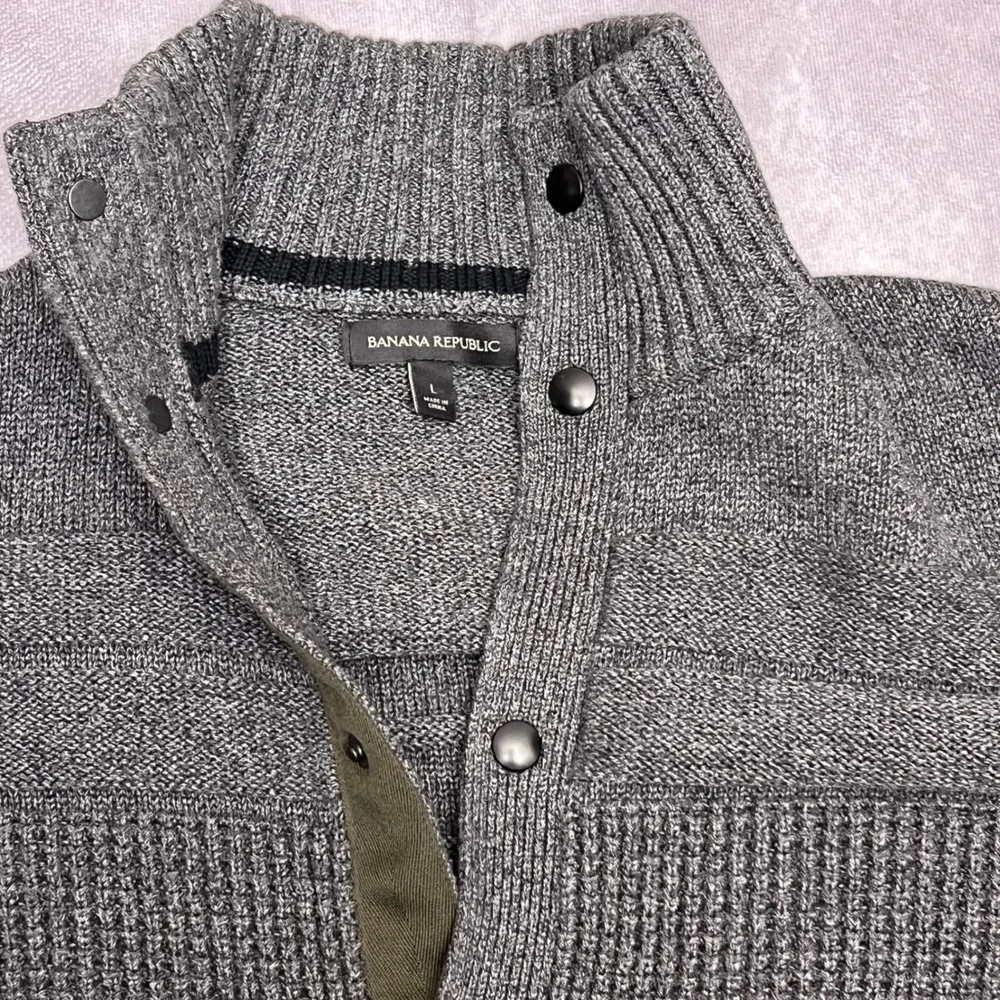 Banana Republic Cardigan Mens L Gray Excellent Snap Front Waffle Knit 969887